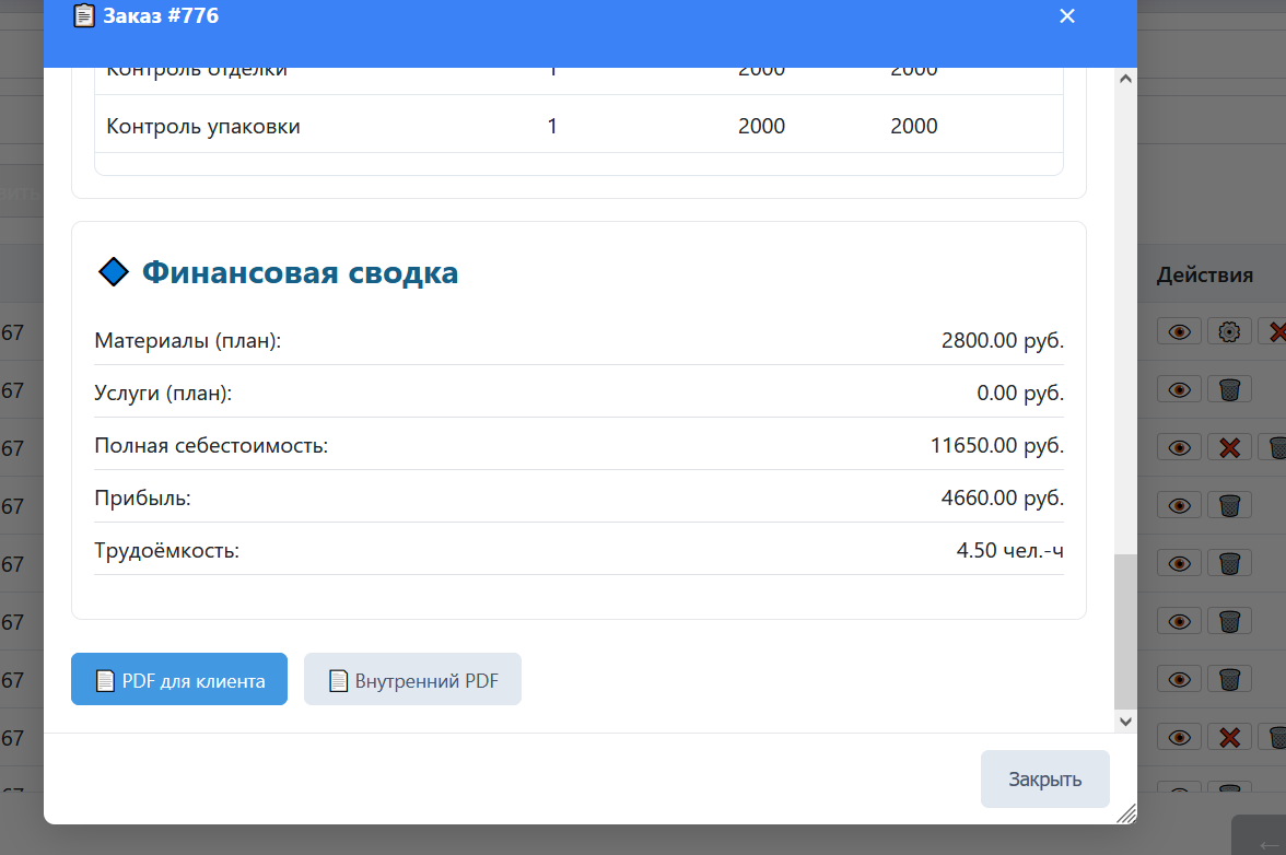 Финансовая сводка заказа